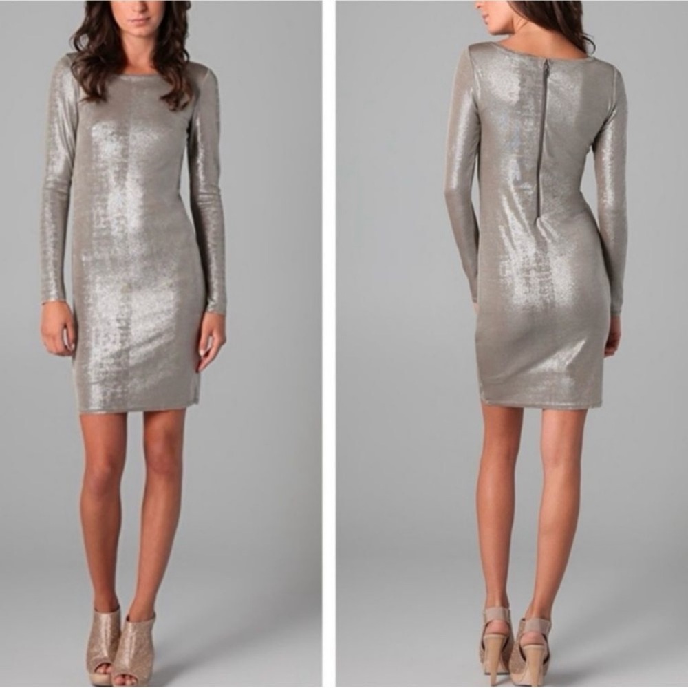 Alice+Olivia Champagne Silver Tabitha‎ Bodycon Mini Dress Long Sleeve Shimmer XS
